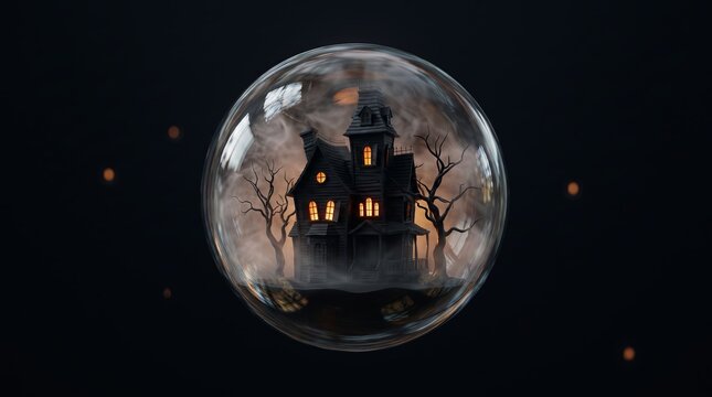 Haunted House Crystal Ball Halloween Scene in Dark 3D Art