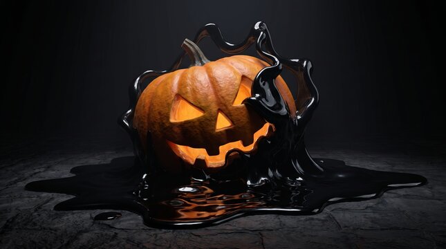Melting Jack O Lantern Halloween Concept in Dark 3D Art
