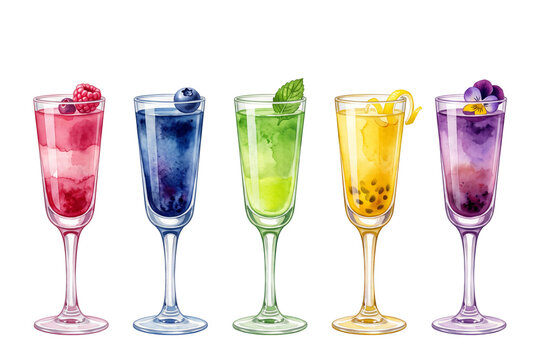 watercolor colorful cordial shot set illustration with fruit and herbal garnishes in stemmed glasses isolated on transparent background