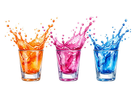watercolor colorful splashing party shot drinks set illustration with orange pink and blue liquid in shot glasses isolated on transparent background
