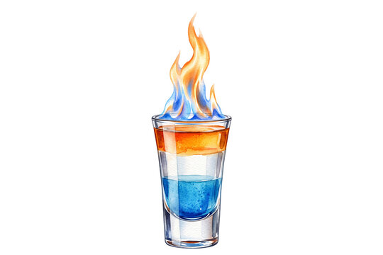 watercolor flaming layered shot drink illustration with fire blue curacao cream and orange liqueur in shot glass isolated on transparent background