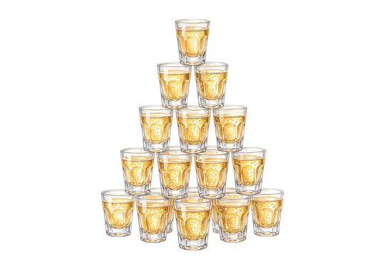 watercolor shot glass pyramid illustration with golden sparkling drink shooters isolated on transparent background