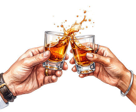 watercolor illustration of two hands clinking shot glasses toasting with whiskey splash isolated on transparent background