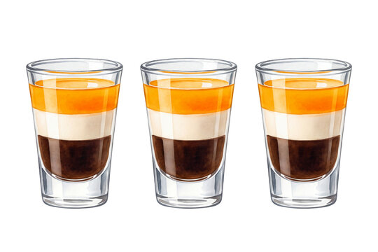 watercolor B-52 layered shooter drink set illustration with coffee cream and orange liqueur in shot glasses isolated on transparent background