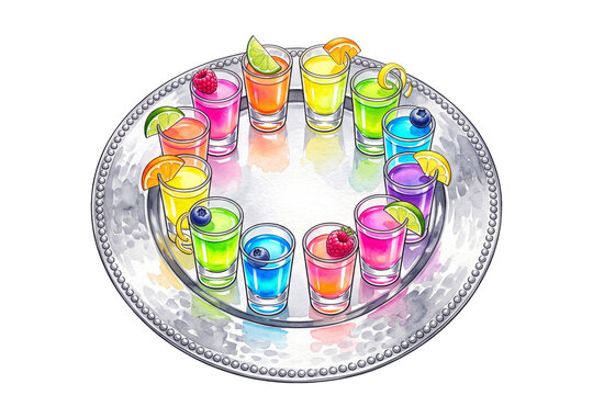 watercolor colorful party shot drinks set illustration on round silver serving platter with fruit garnishes isolated on transparent background
