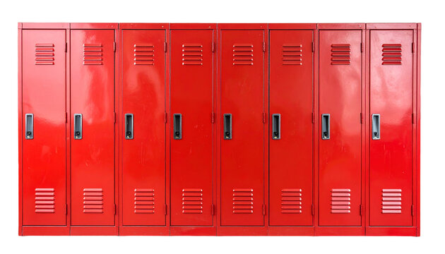 Metal school lockers with handles isolated on transparent background.