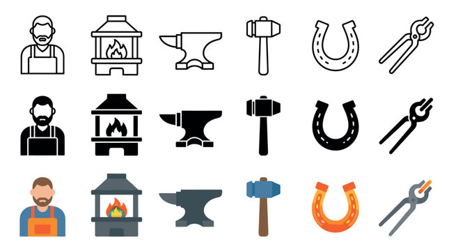 Blacksmith tools and equipment icons set in various styles, including outline, solid, and flat designs, perfect for craft and industry illustrations.