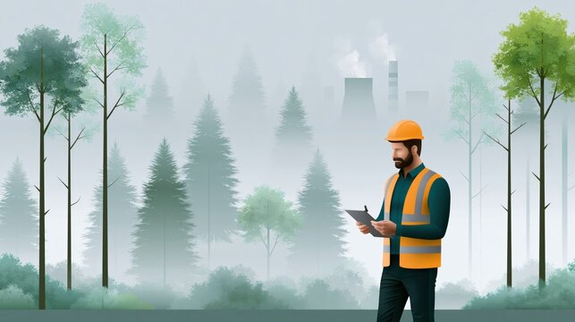 Forester with tablet inspecting misty forest with industrial plant in background during morning light