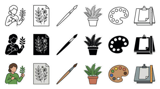 Art and botanical illustration icons collection featuring various creative elements like a person drawing, plant sketches, paintbrushes, potted ferns, palettes, and drawing boards.