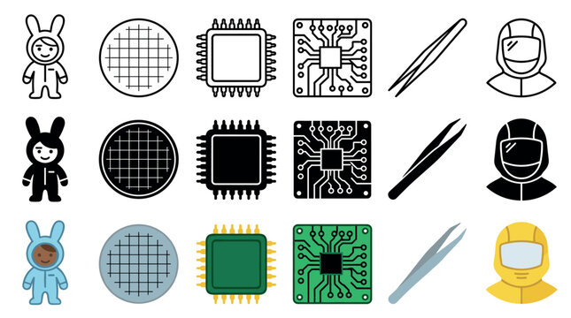 Cleanroom manufacturing semiconductor microchip wafer bunny suit tweezers and protective gear icons representing precision technology and sterile environments.