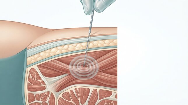 An illustration presents the layers of fascia connective tissue in the body. A needle is applied to a trigger point in the muscle.