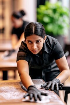 Female restaurant worker in black uniform and gloves wipes dining table during service preparation, focused expression with blurred coworker and greenery in background