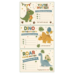 Set of three dinosaur birthday invitations with T rex, triceratops and brachiosaurus and fields for date, time and place. © Oksana