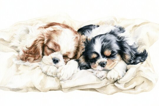 Delicate watercolor illustration of two long-haired puppies, one chestnut-and-white and one black-white-and-tan, resting on a soft cream cushion in a cozy setting