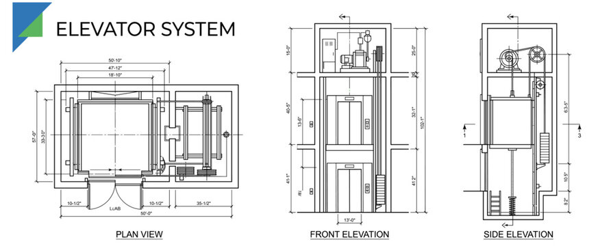 Architectural elevator blueprint with plan, front and side elevations, lift shaft, hoist mechanism, construction details, measurements and technical engineering drawings