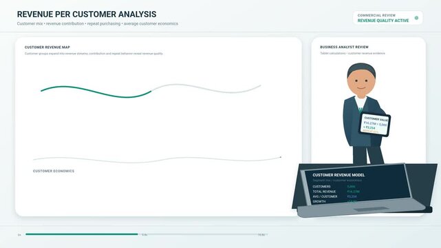 Business analyst dashboard showing customer revenue performance