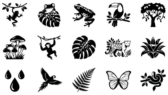 Set of black tropical jungle animal and plant icons including monkey frog toucan and exotic leaves