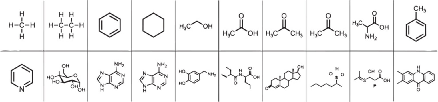 A grid containing chemical structures and molecular formulas of various organic compounds