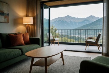 Fototapeta premium Modern living room features green sofa, wooden coffee table. Large balcony window shows epic mountain view. Two chairs sit on terrace overlooking valley. Cozy interior design with natural light