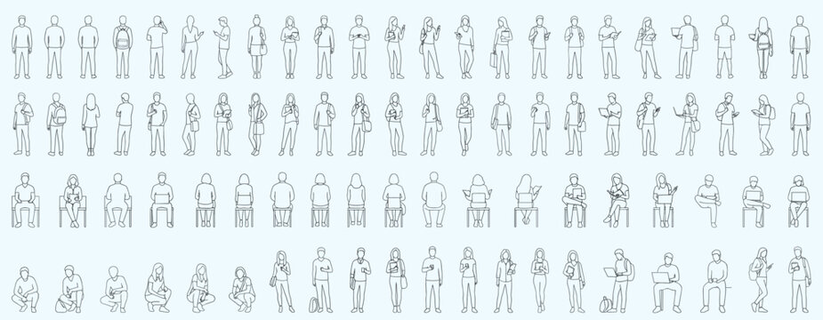 Architectural Student CAD Blocks Set with Minimalist Line Art Figures, Education People Standing and Sitting in Front and Back Elevation Views for University and School Rendering