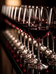 Fototapeta premium Line of red wine glasses on dark table. Elegant stemware filled with ruby liquid creates luxury mood. Soft bokeh lights add sophistication for event or tasting.