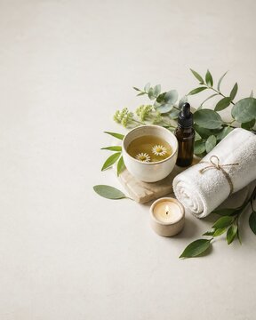 Natural arrangement with chamomile tea, candle and towel on a light background, AI generated