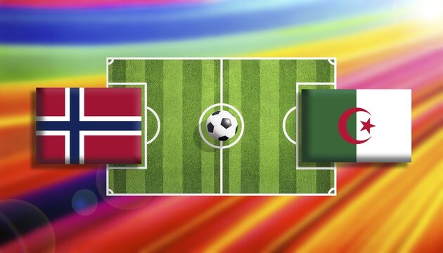 Vibrant digital illustration of a soccer match concept featuring Norway and Algeria flags facing off on a stylized green pitch with a central ball, set against a radiant rainbow gradient background symbolizing energy, competition, and international sports spirit created using generative AI tools, AI generated