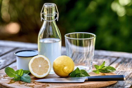 Homemade lemon drink preparation with fresh lemons, mint leaves, clear glass, and swing-top bottle on a rustic wooden table in a natural outdoor setting