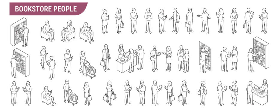 Architectural Bookstore People Vector Collection with Isometric and Elevation Scale Figures for Interior Plans, Retail Layouts, CAD Drawings and Design Diagrams