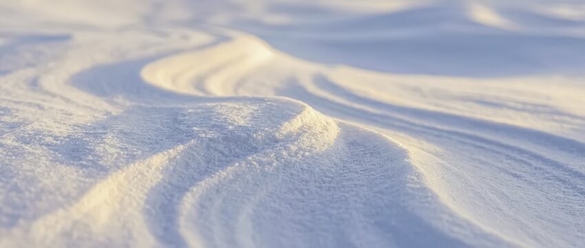 Abstract patterns formed by wind on a snow-covered landscape during the golden hour, creating a serene winter scene, AI generated