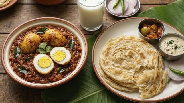 A traditional Kerala meal featuring spicy egg curry, layered parotta bread, and a cooling yogurt drink, served on a banana leaf, AI generated