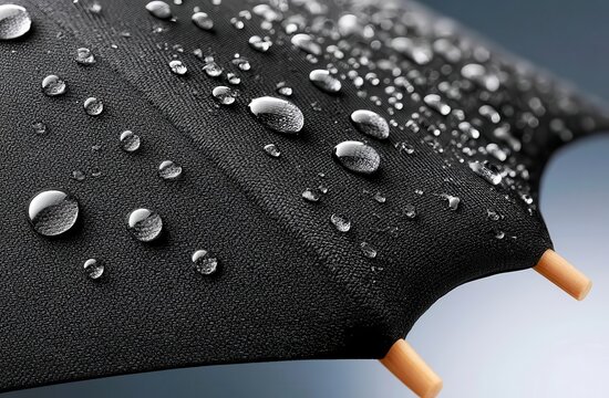 Close-up of black umbrella with water droplets showing waterproof fabric texture and rain protection