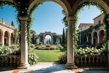 Fototapeta premium Exterior view of a grand Roman villa with rich gardens and blooming flowers. Arches and marble columns frame a peaceful courtyard overlooking manicured lawns and floral arrangements.