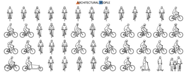 Architectural Cycling Figures Vector Illustration with People, Bicycles, Front View Riders, Elevation, Section and Floor Plan Elements for Urban Landscape Design