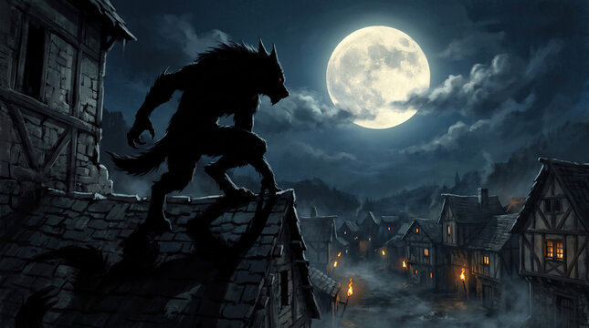 Monstrous werewolf crouching on a rooftop under a giant full moon overlooking a foggy medieval village.