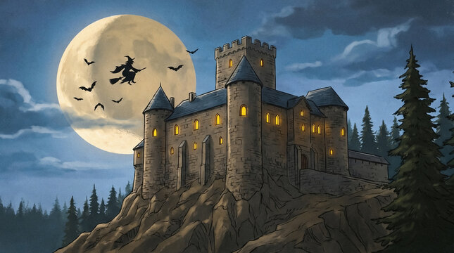 Vintage Halloween illustration of a spooky medieval castle on a rocky cliff with a flying witch, bats, and a giant full moon.