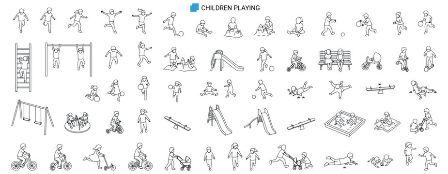 Top view children scale figures playing, running and sitting, overhead vector set for architectural plans, playground layouts, landscape design and site drawings