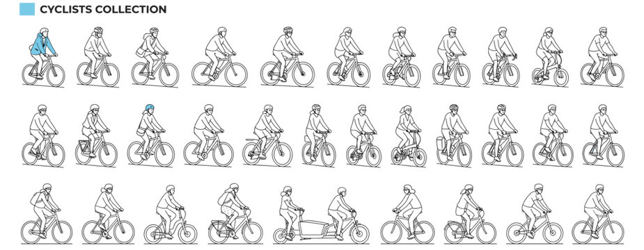 Cycling People Front View Vector Illustration with Bicycles, Riders and Architectural Figures for Elevation, Section, Floor Plan, Urban Transport and Landscape Design