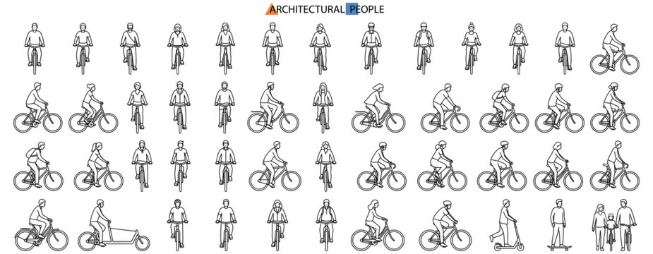 Architectural Cycling Figures Vector Illustration with People, Bicycles, Front View Riders, Elevation, Section and Floor Plan Elements for Urban Landscape Design