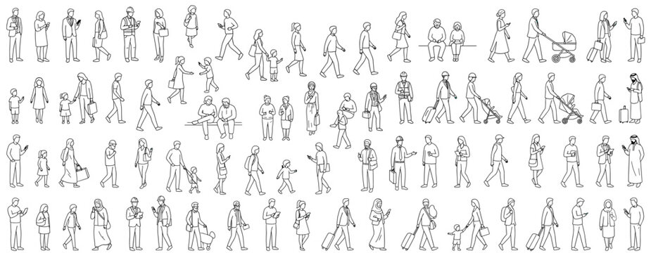 Architectural People Vector Illustration with Diverse Standing and Walking Figures, Side View Human Entourage for Sections, Elevations, Floor Plans, Minimal Hand Drawn Outline