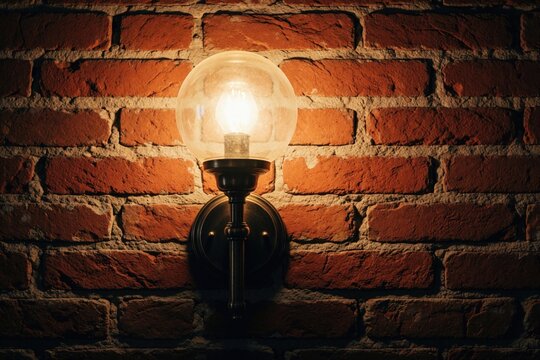 Glass sphere lamp glows on rough red brick wall surface. Antique light fixture provides warm illumination on textured masonry. Aged building facade detail.