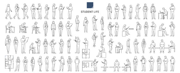 Fototapeta premium Architecture Student People Vector Illustration, Front View Hand Drawn Human Figures for Floor Plans, Elevations, Sections, University, Classroom and Architectural Drawing Projects