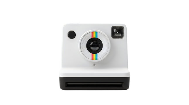 A front view of a white polaroid now instant camera with a colorful rainbow stripe design on the lens barrel, isolated on transparent background