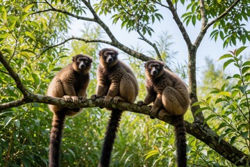Naklejka premium Three brown lemurs sit on a tree branch in rich green jungle foliage. These primates look curious with large dark eyes, their bushy tails hang down. They appear relaxed in their natural habitat.