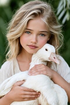 Young blonde girl gently holding a calm white goose against her chest while standing in a lush green garden, looking toward the camera with a serene expression