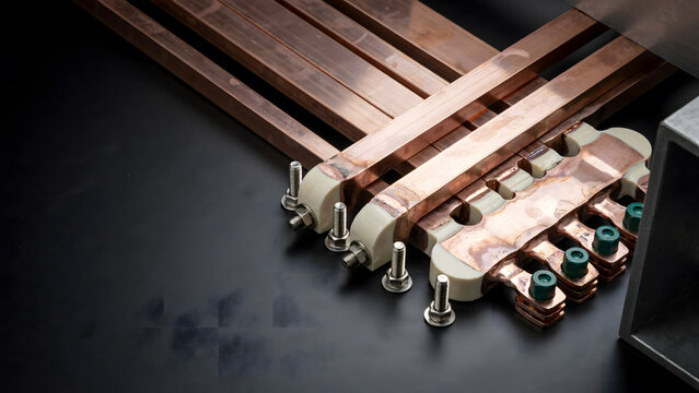 Copper busbars connected inside electrical cabinet component assembly with electrical component assembly electronics industrial hardware