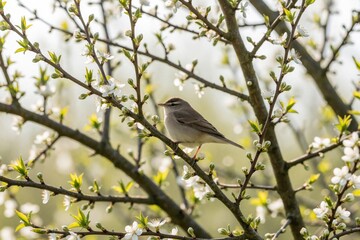 Obraz premium Lesser whitethroat bird sits on a blooming cherry tree branch during spring. Small avian wildlife rests among white blossoms and green buds. Nature scene shows detail of wild fauna.