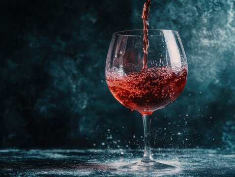 A glass of rich red wine is shown with a dynamic splash on a dark, textured blue-grey background, creating an artistic beverage portrait.
