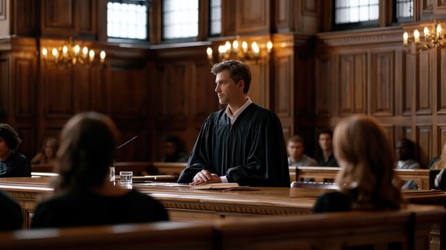 Male Judge in robe presiding over court proceedings with blurred onlookers in traditional courtroom setting during daytime