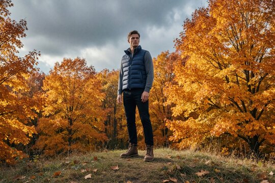 Man stands on grassy hill, autumn forest background with colored oak trees. Wears jacket, jeans, leather boots. Poses casually, looks to side. Daytime, sunshine highlights forest. Attractive man,